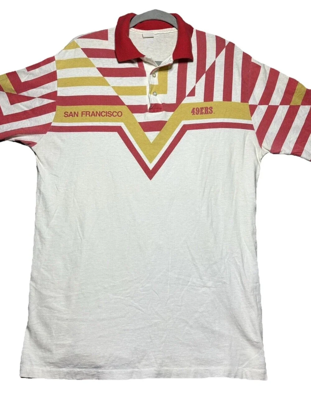 Vintage 80s 90s San Francisco 49ers Polo Shirt Geometric Chevron Stripe Mens XL